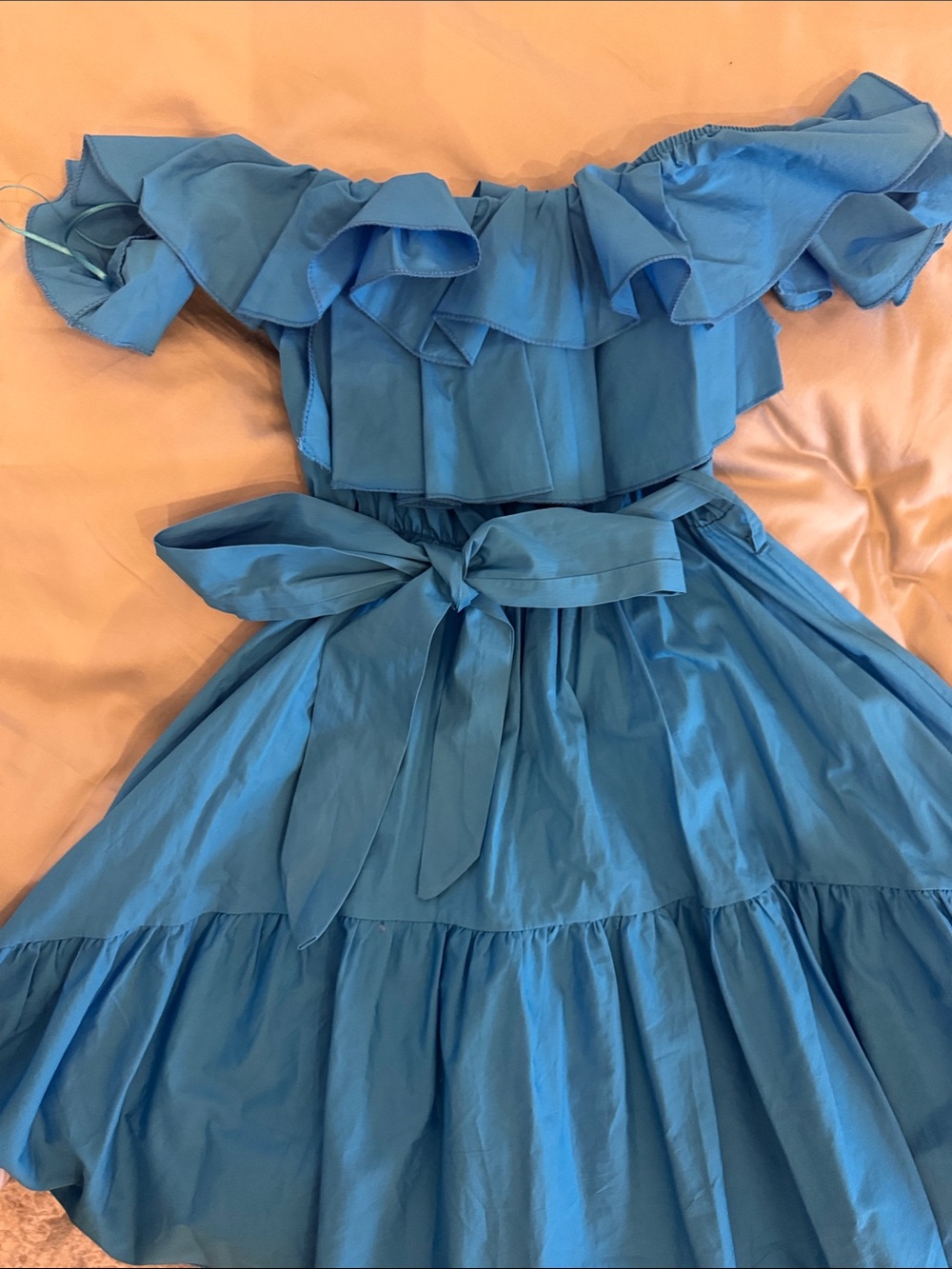 Women's Off-Shoulder Ruffle High-Low Dress with Waist Tie - Blue